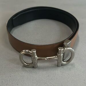 Ferragamo Brown/Black Reversible Leather Belt with Silver Horsebit Buckle